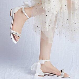 Satin Dress Flat Sandals Big Stone Crystal Bridal Flats, Size EUR 40